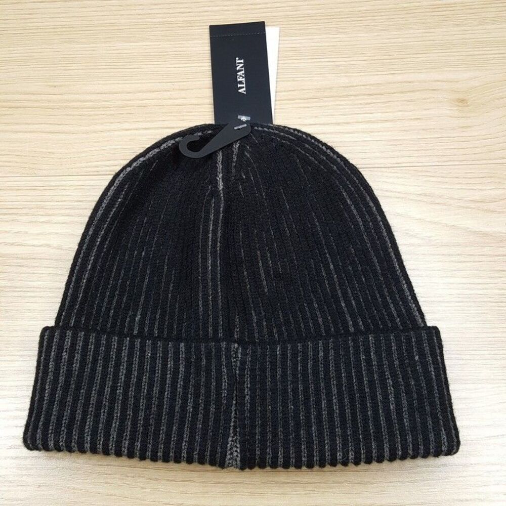ALFANI Mens Beanie Hat Black Ribbed Fold Over Cuffed Stretch Knit